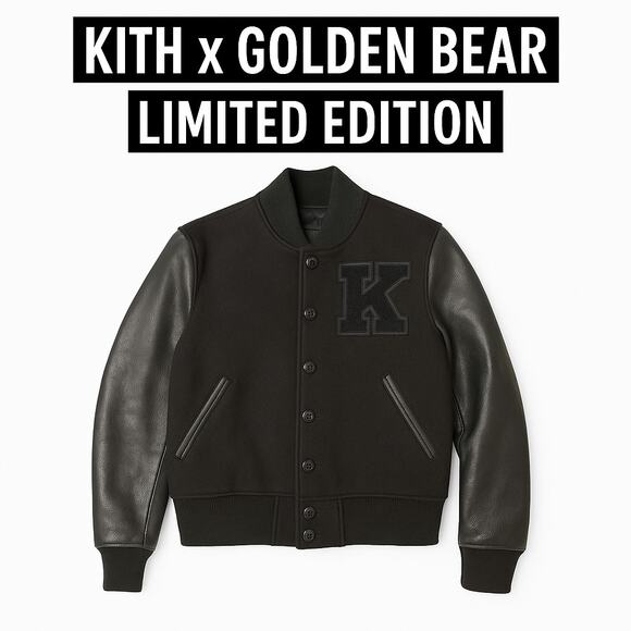 Rare KITH x GOLDEN BEAR Limited Edition Varsity Jacket Wool Leather Black Size S - Picture 1 of 9